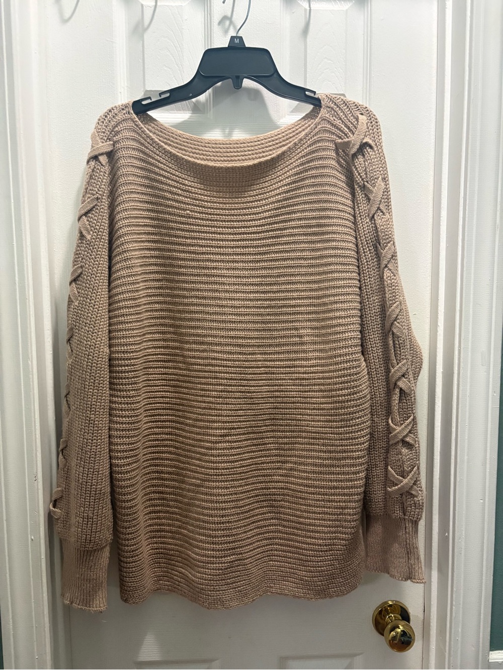 SHEIN Beige Off-Shoulder Lace-Up Sleeve Knit Sweater